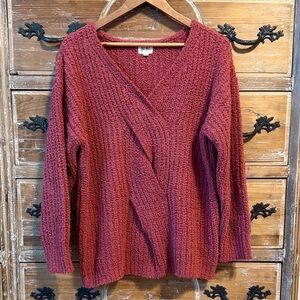 BiBi Women's Textured V-Neck Sweater in Deep Red